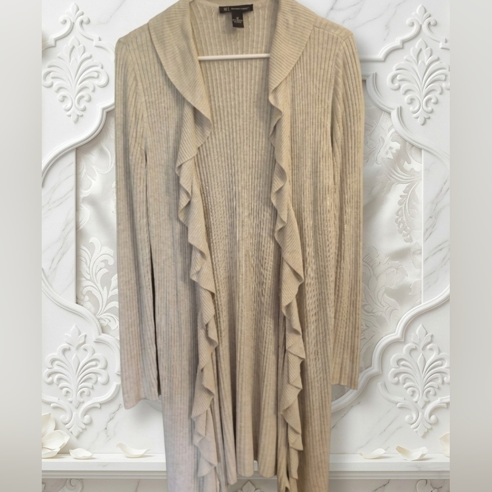 INC International Concepts Ruffle-Trim Ribbed Open Cardigan Sweater Beige